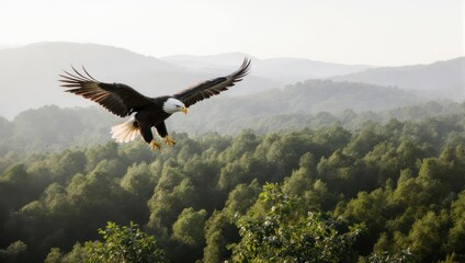 Majestic Bald Eagle Soaring Over Lush Green Forested Mountains.
