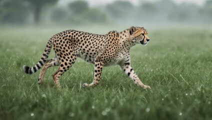 Majestic cheetah walking gracefully through a lush green savanna in the rain.