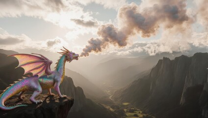 Majestic Dragon Perched on Cliffside, Breathtaking Mountain Vista.