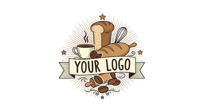 Bakery and coffee shop emblem design with customizable text banner brand