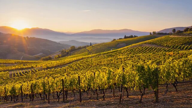 Rows of grapevines stretch across rolling hills. Vineyard landscape at summer on sunset