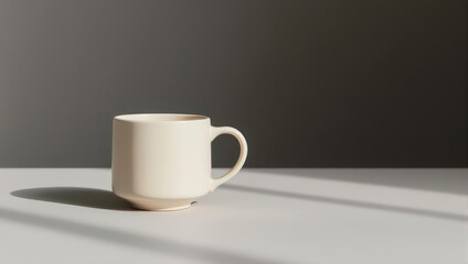 Minimalist Ceramic Coffee Mug on a Table with Sunlight and Shadow.