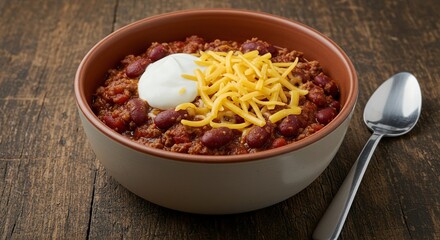 Hearty bowl of rich homemade chilli con carne topped with melted cheddar cheese and cool sour cream on a rustic wooden surface ,bowl ,food ,cooking