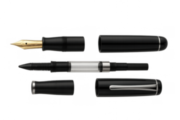 Fountain pen disassembled into parts, showing nib, ink converter, barrel, and cap on transparent background