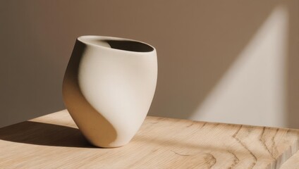 Minimalist Ceramic Vase on Wooden Table with Sunlight and Shadow.