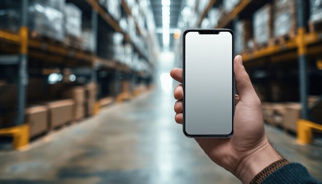 Caucasian Male Worker In Large Warehouse Using Smartphone With Blank Screen For Tracking, Fulfillment, And Marketing App Mockup.