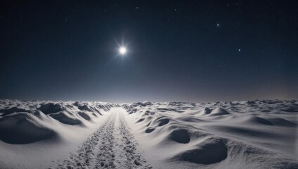 Nighttime Snowy Landscape with Bright Celestial Bodies and Trail.
