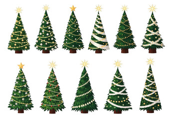 Collection of ten decorated christmas trees isolated on transparent background