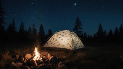 Night camping with bonfire and tent under starry sky in a forest.