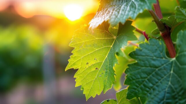 Close-Up of Fresh Green Grape Leaves Against a Beautiful Sunset in Vineyard with Warm Glowing Light