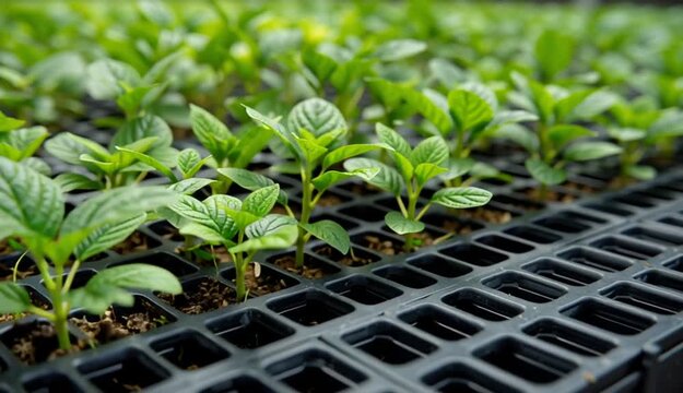 Closeup of plastic seedling trays arranged in an organized pattern showcasing efficient setup for robust plant growth in a controlled environment.