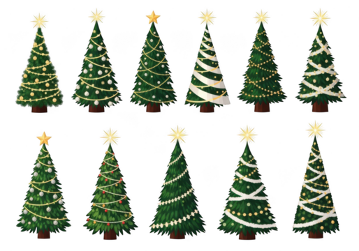 Collection of ten decorated christmas trees isolated on transparent background