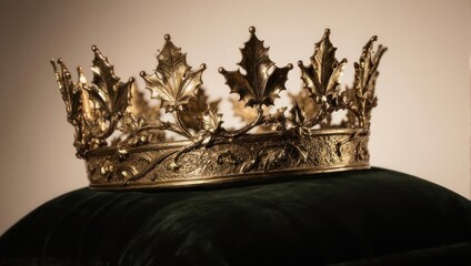 Ornate Golden Crown Resting on a Dark Green Cushion.