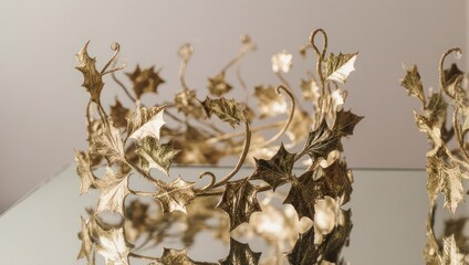 ornate golden floral crown with delicate leaves and flowers.