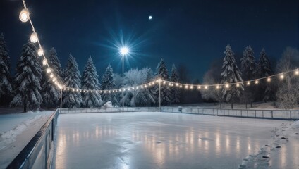 Outdoor ice skating rink at night with festive lights and snow-covered trees under a moonlit sky.