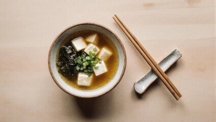 Overhead View of Miso Soup with Tofu and Seaweed.