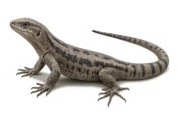 Gray patterned lizard species standing, exotic reptile animal, herpetology subject, isolated on transparent background