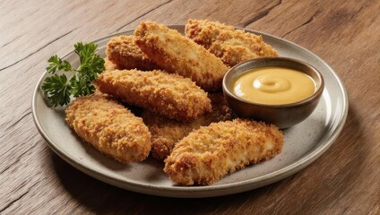 Plate of crispy golden brown chicken tenders with dipping sauce.