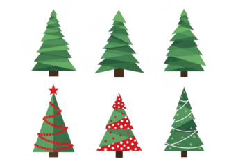 Collection of six green christmas trees isolated on transparent background