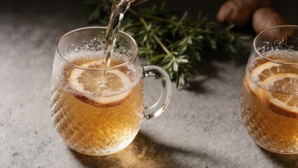Pouring a warm and soothing ginger lemon herbal tea into a glass mug.