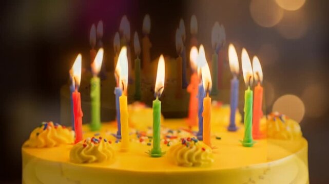 Birthday cake with colorful candles flickering in low light setup for a celebration or party mood