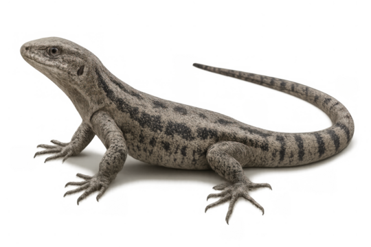 Gray patterned lizard species standing, exotic reptile animal, herpetology subject, isolated on transparent background