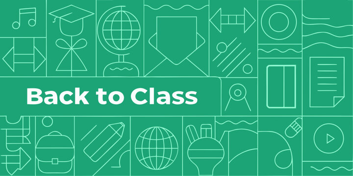 Back to class with colorful school supplies and education icons on a green background