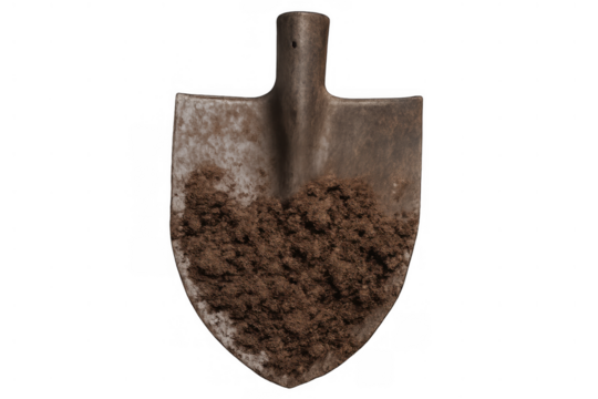 Shovel blade full of nutrient-rich brown garden soil, ideal for planting, farming, and cultivating themes on transparent background