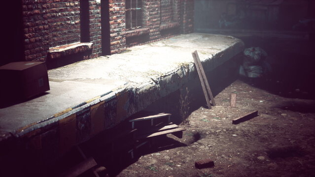 In a quiet urban alley, sunlight streams through the shadows, illuminating scattered debris and old bricks. Neglected items create an eerie but intriguing atmosphere that hints at stories untold.