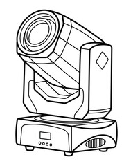 Black and white line drawing of a moving head stage light with control panel &mdash; technical, clean, and ideal for lighting design or equipment illustration.