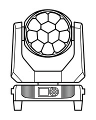 Minimal line art illustration of a professional LED moving head stage light. Clean outline style, suitable for lighting equipment catalogs, technical guides, event design, and stock graphics.