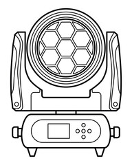 Minimal line art illustration of a professional LED moving head stage light. Clean outline style, suitable for lighting equipment catalogs, technical guides, event design, and stock graphics.
