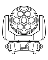 Minimal line art illustration of a professional LED moving head stage light. Clean outline style, suitable for lighting equipment catalogs, technical guides, event design, and stock graphics.