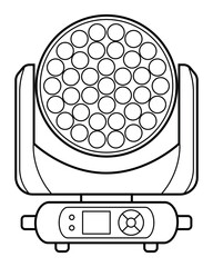 Minimal line art illustration of a professional LED moving head stage light. Clean outline style, suitable for lighting equipment catalogs, technical guides, event design, and stock graphics.