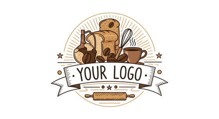 Artisanal bakery and coffee emblem with essential ingredients design