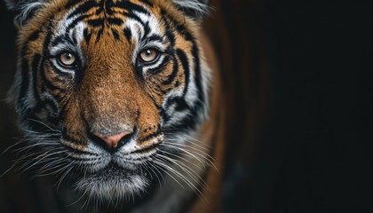 Naklejka premium Close-Up Portrait Of A Majestic Male Tiger Making Eye Contact In The Blackened Hues Of Ranthambore National Park, Rajasthan, India.