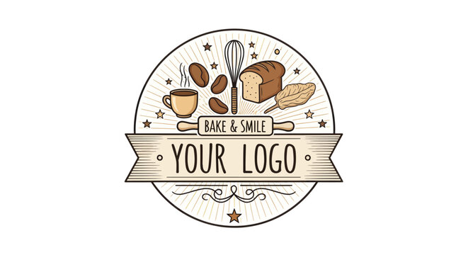 Charming bakery and cafe emblem with bread, coffee, and whisk design isolated