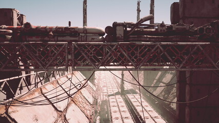 Fototapeta premium Rusting machinery and crumbling structures loom in the warm light of dusk. Dust dances in the air as shadows cover the once busy paths of this forgotten industrial area.