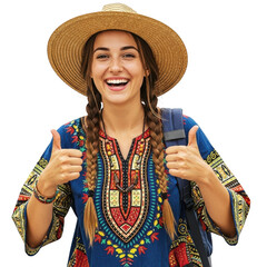 Woman with straw hat and colorful dress giving thumbs up isolated on transparent background