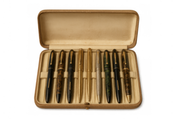 Collection of vintage pens stored in a professional open display case, featuring various antique writing instruments
