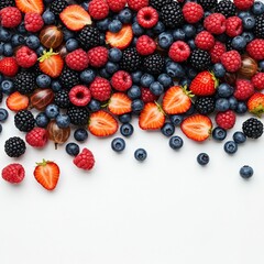 High-angle view of abundant, fresh, and colorful mixed berries scattered across a white background, symbolizing vital nutrients and potent antioxidant power ,vibrant ,blackberry ,vitamins