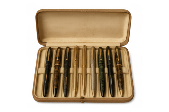Collection of vintage pens stored in a professional open display case, featuring various antique writing instruments