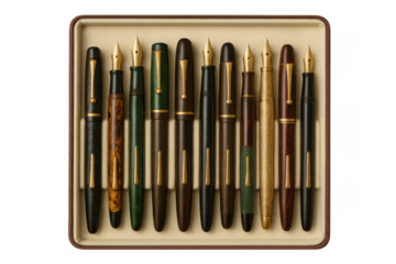 Vintage fountain pens collection displayed in a case, showcasing luxury writing instruments with elegant nibs
