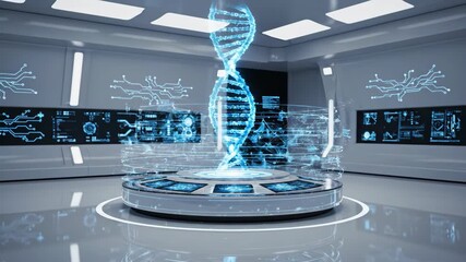 Futuristic DNA Helix Hologram in a HighTech Laboratory for Genetic Research. - Powered by Adobe