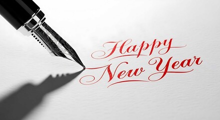 Happy New Year written in elegant red script with a fountain pen