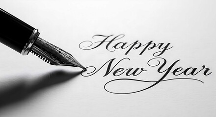 Fountain pen writing Happy New Year in elegant script on white paper
