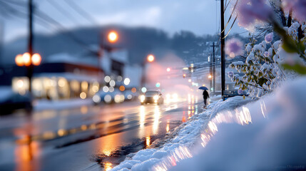 Winter evening snowfall on narrow city street with orange lamplight and walking pedestrian