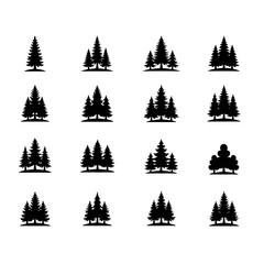 Obraz premium Collection of Black Pine Tree Silhouettes on White Background, Minimalist Evergreen Forest Design for Logo, Nature Icon, and Vector Graphic Elements