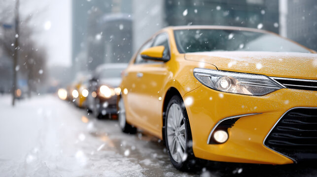 Winter transportation yellow taxis lined up on snowy city street with falling snowflakes - Powered by Adobe