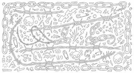 Fototapeta premium Hand-drawn illustration featuring chains, barbed wire, skulls and lightning bolts creating an edgy